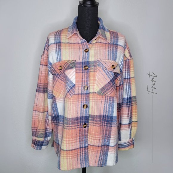 WOMEN’S CASUAL PINK  MULTI PLAID FLANNEL SHACKET JACKET OVERSIZED - Picture 1 of 11